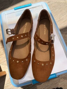 Sun + Stone Brown Suede Studded Mary Jane Flats
